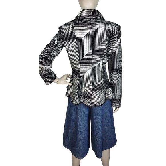 Joseph Ribkoff Chevron Print Black & Silver Tiered High Collar Peplum Jacket - Picture 6 of 14